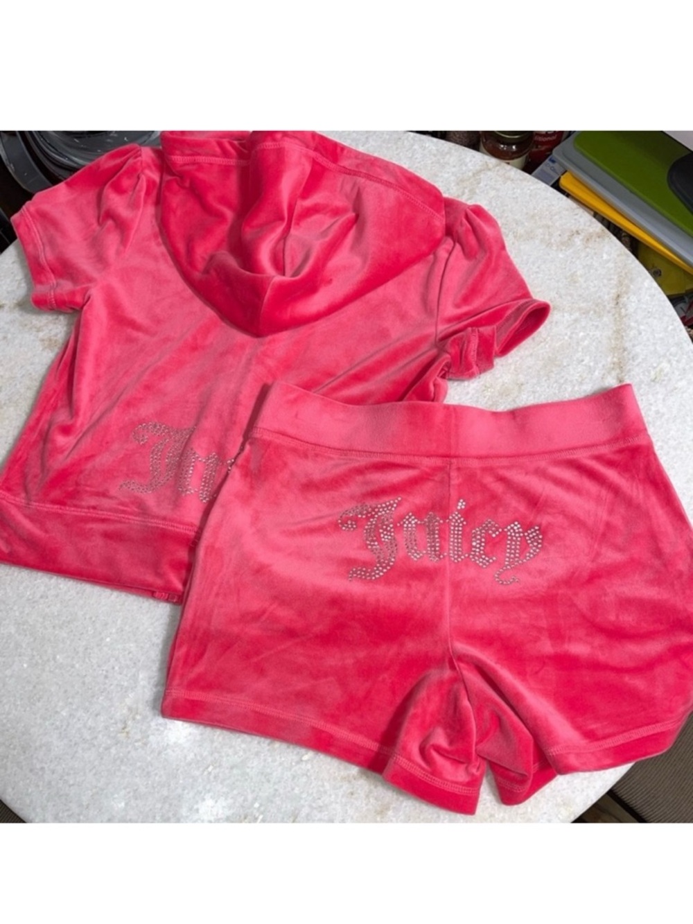 New Juicy Couture OG Bling Pink Velour Zip-Up Hoodie and Shorts Set